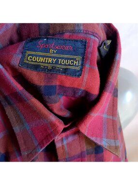 Vintage Mens Flannel Shirt SMALL 80s BURGUNDY PLAID CAMP LOGGER COUNTRY SHIRT